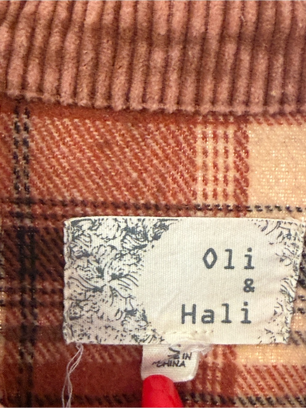 Oli & Hali Two-Tone Rust Plaid & Corduroy Shacket - Picture 2 of 2